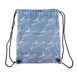 Hollister California Drawstring Backpack Unisex OS Blue Denim Logo Print Cinch